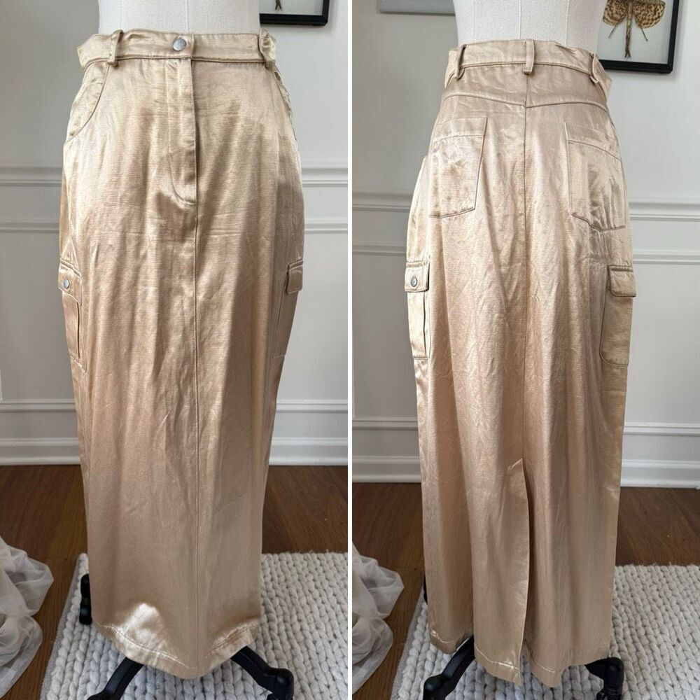 Vintage JP Collection Champagne Gold Satin Long Cargo Skirt 38 M